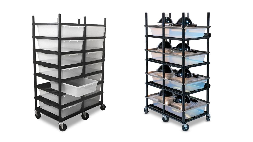 a vision reptile breeding versa-rack and a slotted stainless steel versa-rack on a white background  