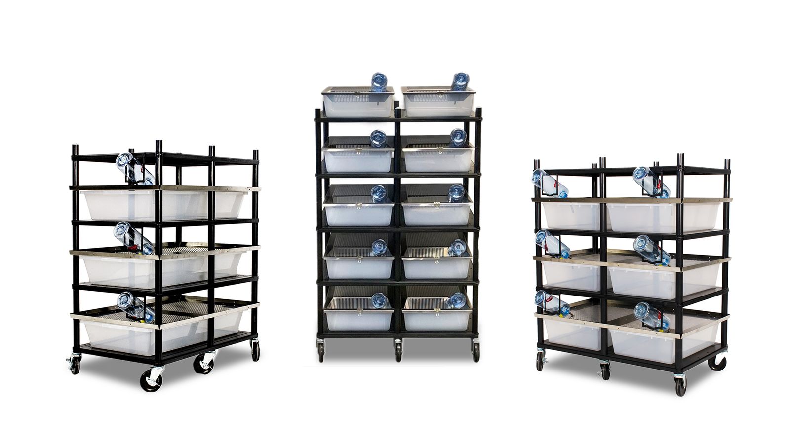 three classic versa-racks for rodent breeding lined up against a white background