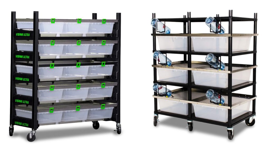 Vision Ultra rodent breeding rack next to a classic versa-rack on a white background