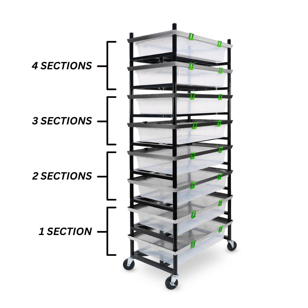 Angle view of a 1x double wide V-75 4 Section Rodent Versa-Rack with labels