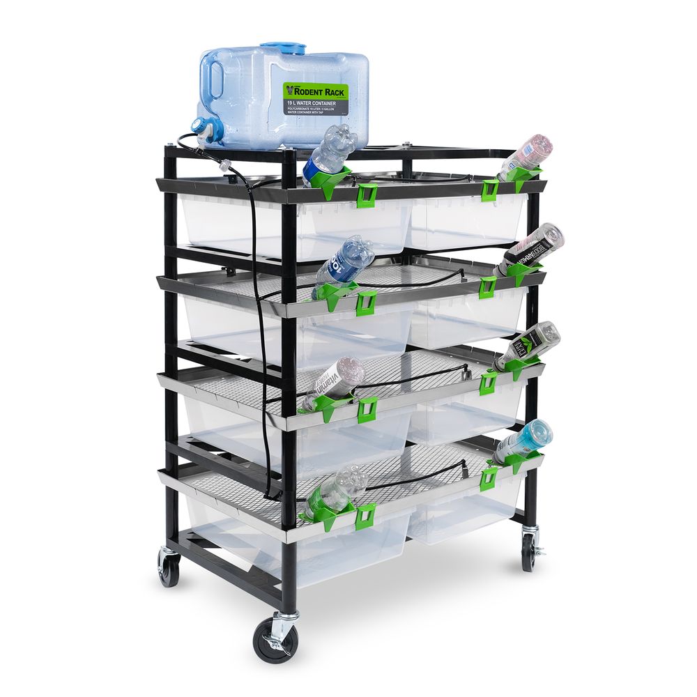 angled view of a double wide 2 section v35 rodent versa-rack with connected watering system