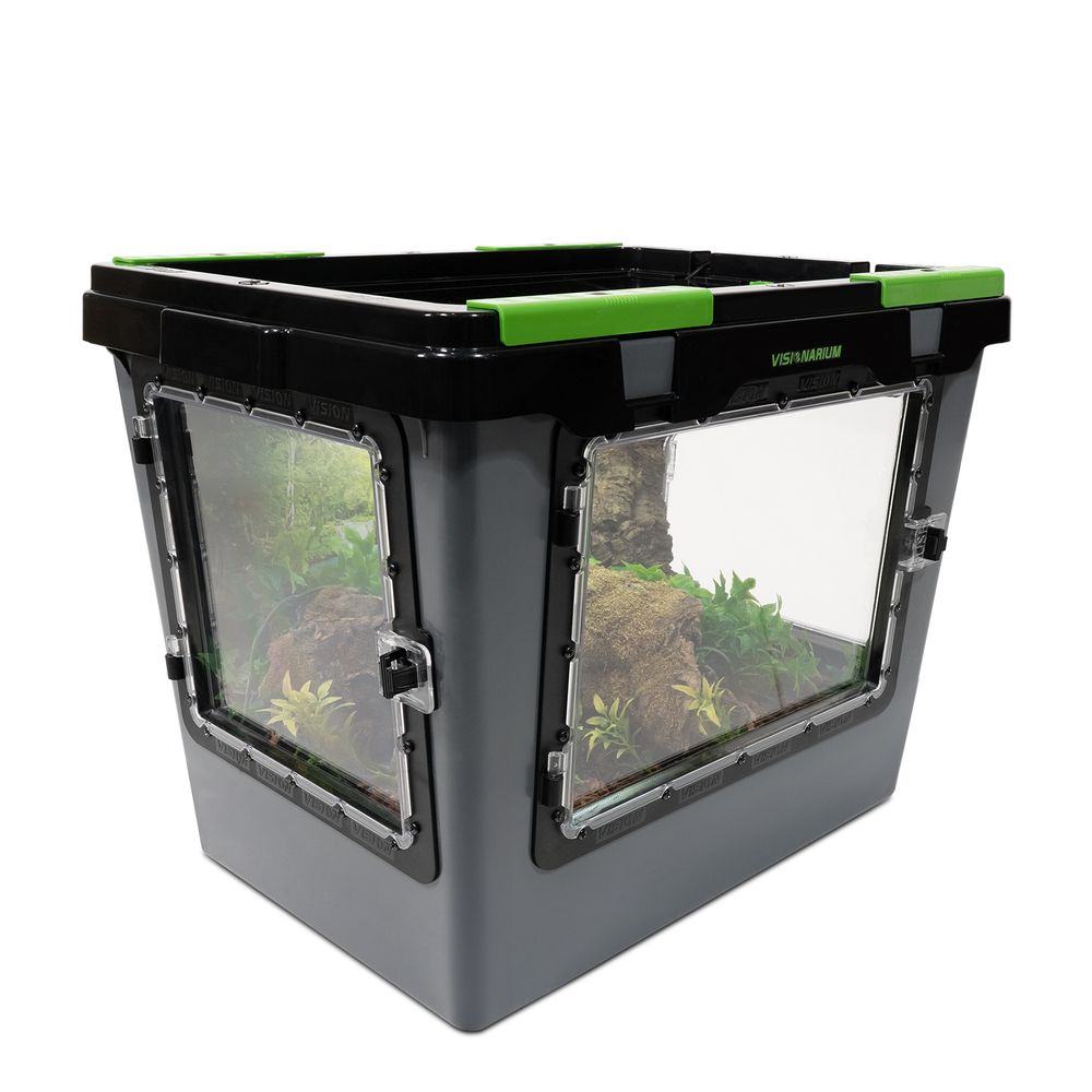 Angle view of a single V-35 3x Visionarium reptile enclosure with three transparent doors
