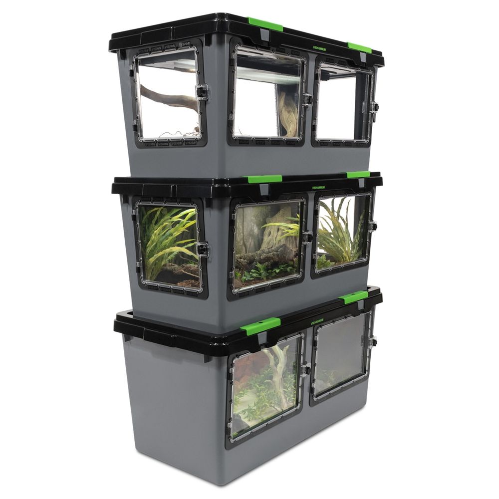 a stack of three Visionarium reptile enclosures, each with different transparent door placements