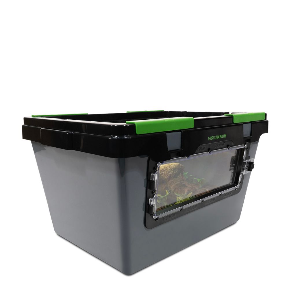 Angle view of a single V-35 2x Visionarium reptile enclosure with a long-side door