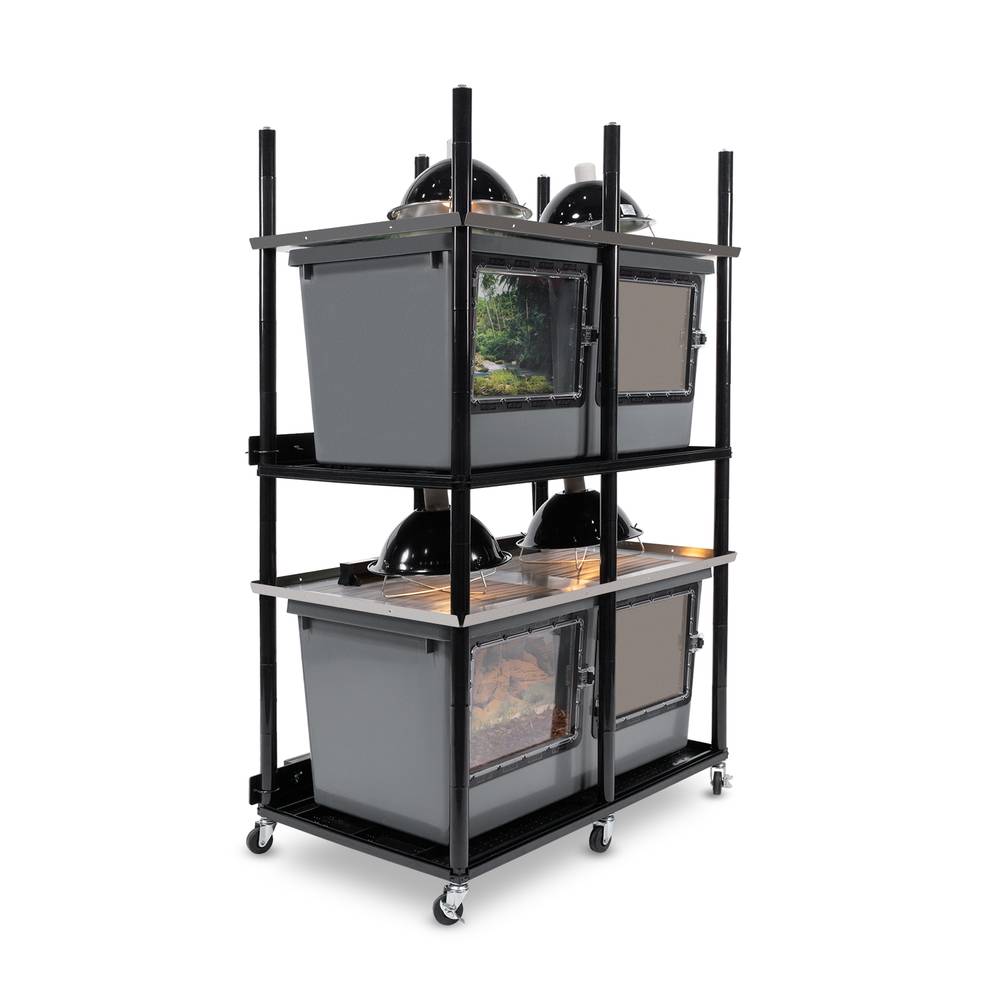 Vision Slotted Stainless Steel Reptile Versa-Rack High Profile Lighting 2 Sections V-70-3X Gray Tubs with Access Doors on Long Side