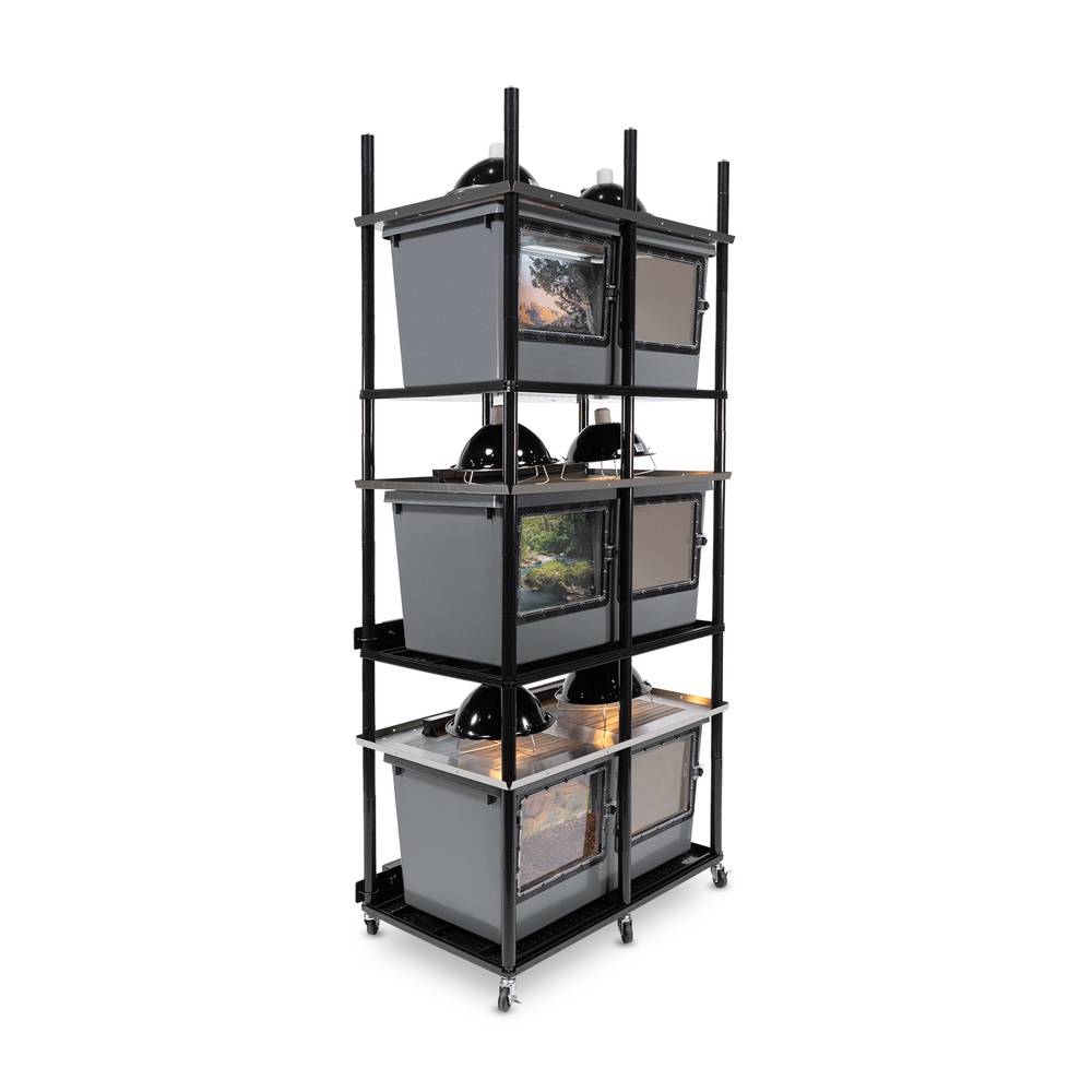 Vision Slotted Stainless Steel Reptile Versa-Rack High Profile Lighting 3 Sections V-70-3X Gray Tubs with Access Doors on Long Side