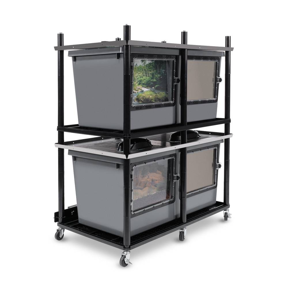 Vision Slotted Stainless Steel Reptile Versa-Rack Low Profile Lighting 2 Sections V-70-3X Gray Tubs with Access Doors on 1 Long Side