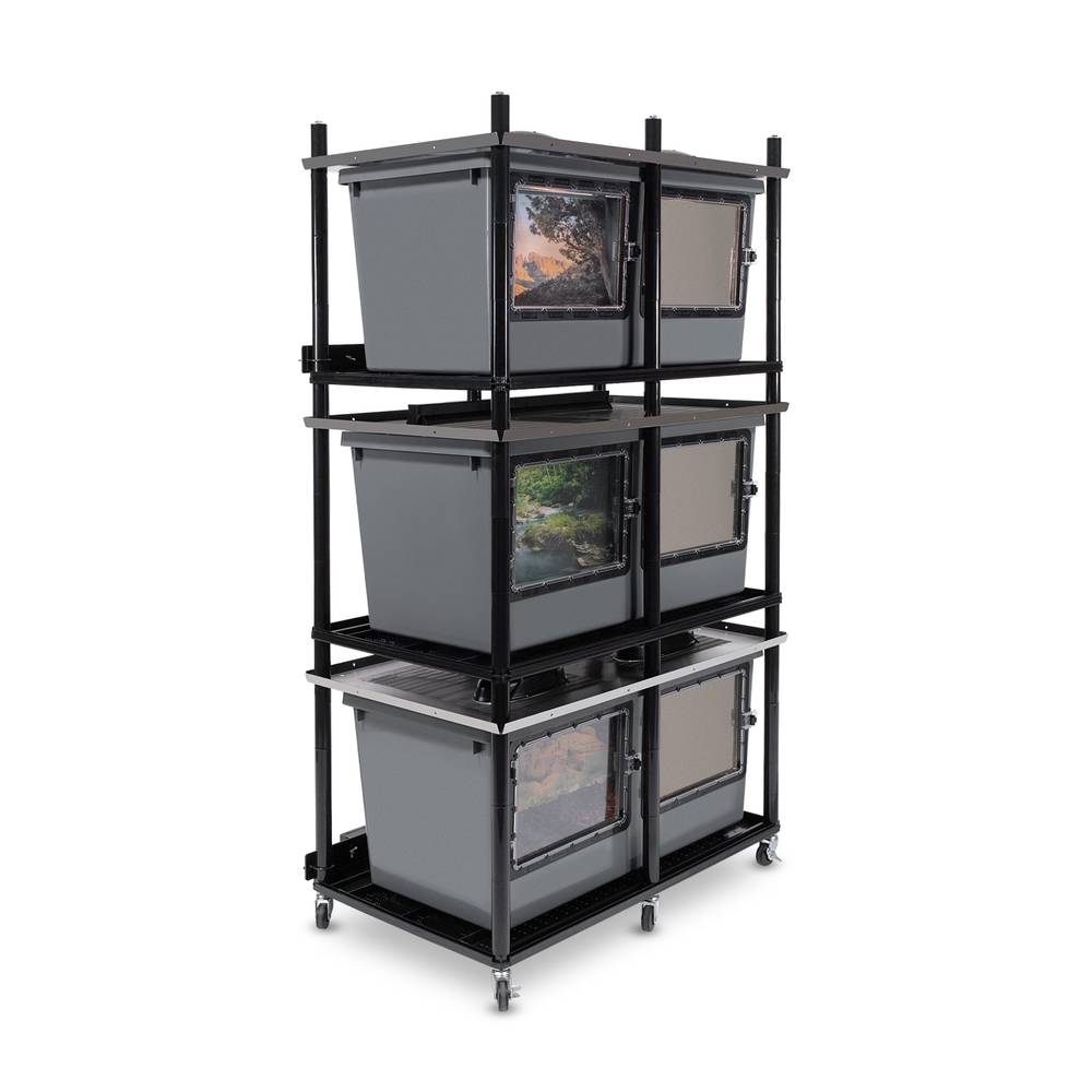 Vision Slotted Stainless Steel Reptile Versa-Rack Low Profile Lighting 3 Sections V-70-3X Gray Tubs with Access Doors on 1 Long Side