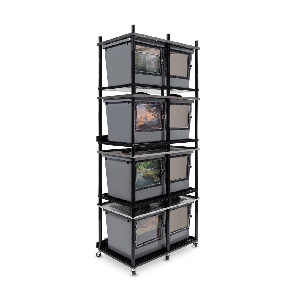 Vision Slotted Stainless Steel Reptile Versa-Rack Low Profile Lighting 4 Sections V-70-3X Gray Tubs with Access Doors on 1 Long Side